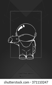 Vector illustration of cosmonaut with smartphone in hand. Design concept. photos myself. selfie time.  character. Concept hello world.