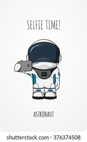 Vector illustration of cosmonaut with smartphone in hand. Design concept. photos myself. selfie time.  character.