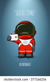 Vector illustration of cosmonaut with smartphone in hand. Design concept. photos myself. selfie time.  character