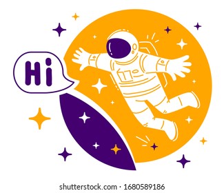 Vector illustration of cosmonaut in spacesuit exploring outer space. Astronaut flying in zero gravity on color background with star. Flat line art style creative design of human spaceflight for card