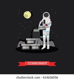 Vector illustration of cosmonaut standing on surface of planet. Space explorer concept design element in flat style.