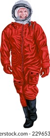 Vector illustration of cosmonaut Yuri Gagarin walking in red spacesuit. 
Full growth astronaut vector graphic on transparent background. Illustrations on the theme of space.
