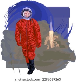 Ilustración vectorial del cosmonauta Yuri Gagarin caminando en un espacio en el fondo del lanzamiento de un cohete. 
Astronauta en pleno crecimiento en gráficos vectoriales rojos. 