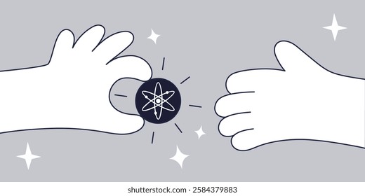 Vector Illustration of a Cosmos (ATOM) Transaction – Hands Exchanging a Black Cryptocurrency Token, Symbolizing Digital Payments and Blockchain Technology