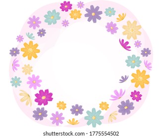 Vector illustration of cosmos flowers blooming in autumn . Floral frame and message card