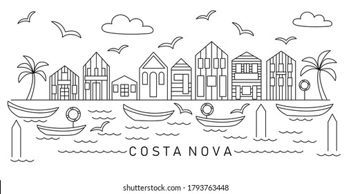 Vector illustration of Costa Nova town Line Art for logotype, t-shirt, banner, magazine, poster, decoration, postcard. Costa Nova Line Art background. Costa Nova Line Art image. EPS 10.