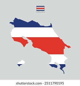 Vector illustration of Costa Rica map overlaid with the national flag, highlighting the country's geographic outline combined with its national colors.