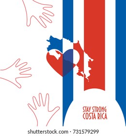 Vector illustration for Costa Rica relief and recovery after hurricane Nate, floods, landfalls. Supporting victims, charity and aid work promotion. Map, Heart and text: Stay Strong Costa Rica.