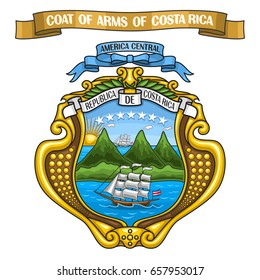 Vector illustration Costa Rican Coat of Arms, national state heraldic shield blazon - Emblem of Costa Rica, on ribbon title text: coat of arms of costa rica, official heraldry, symbolic crest emblem.