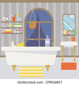 Vector illustration of cosy bathroom with big window, candles and potted plants.