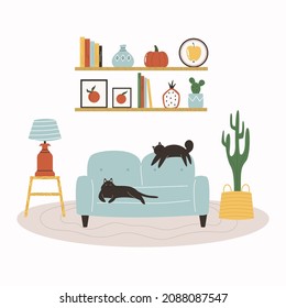 Vector illustration of a cosy living room with sofa, succulent, shelves. lamp and two black cats