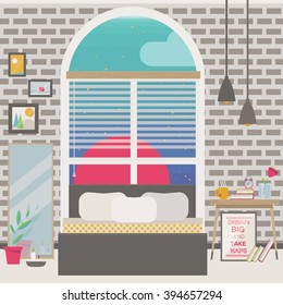 Vector illustration of cosymodern bedroom with big window, candles, motivation poster, framed pictures and potted plants.