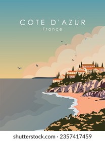 Vector illustration Cote Dazur France. Design for travel poster, postcard, banner. Retro style. Travel, tourism.