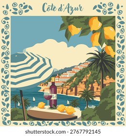 Vector illustration. Cote de Azur print, banner, square background, retro style, tourism.