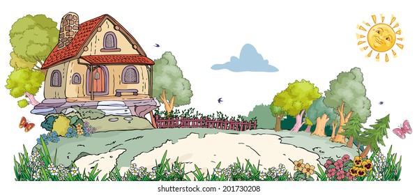 Vector illustration, cottage, card concept.
