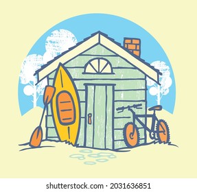 Vector illustration of cottage in cartoon style with kayak and bicycle.