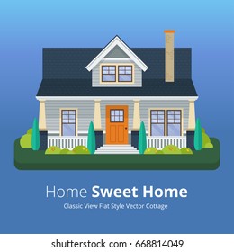 Vector illustration of the cottage in a flat style, isolated on blue background, detailed colorful house