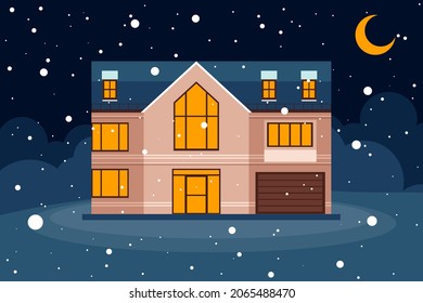 vector illustration, cottage with a garage on the background of a winter landscape at night. the house, the facade of the building.