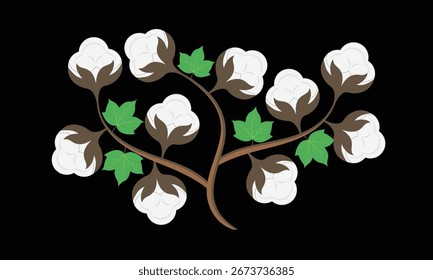 Ilustración vectorial de una rama de algodón con flores blancas esponjosas y hojas verdes sobre un fondo negro. Perfecto para textiles, agricultura, tela ecológica, fibra natural y diseño botánico.