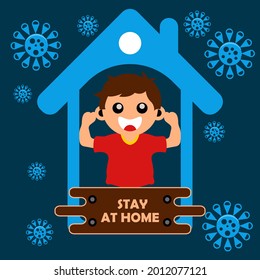 vector illustration of cotton children being in the house, writing on the board stay at home and symbols of many viruses. good for health campaigns.