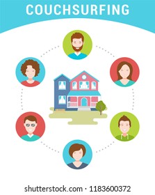 Vector illustration of Couch Surfing. The cozy house, host and his guests. The modern infographic in a flat style.