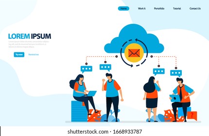 Vector illustration of could reload. people discussing and recorded into the cloud computing, sending group emails. designed for landing page, template, ui ux, website, mobile app, flyer, brochure