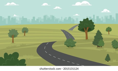 Vector illustration of counrtyside, hill, city and road