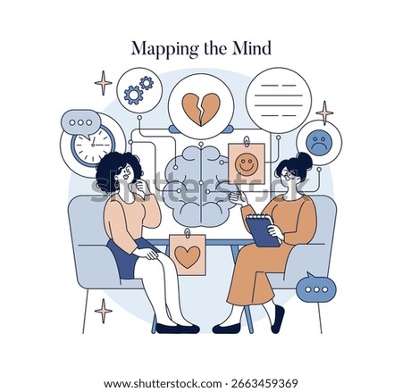 Vector illustration of a counseling session with two people discussing emotions. Includes brain map with symbols representing emotions, highlighting communication and mental health concepts.