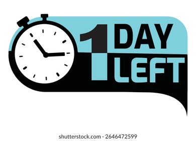 Vector illustration of a countdown label with "1 Day Left" text and a stopwatch icon. Perfect for promotions, deadlines, sales, and limited-time event reminders. Clean and modern design.