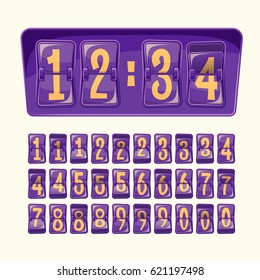 Vector illustration of a countdown timer, a mechanical scoreboard blank and various numerals in cartoon style. Set of numeral alphabeth