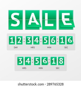 Vector illustration Countdown Timer Sale. White lettering on green boards.  Mechanical timtable 