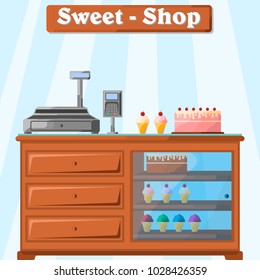 Vector illustration of a counter with sweets from the seller, with a cash register, a cashless payment terminal and scanner. Pies, cakes. Pattern, flat. vector.