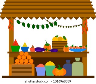 vector illustration of a counter with vegetables, fruit and spices without background