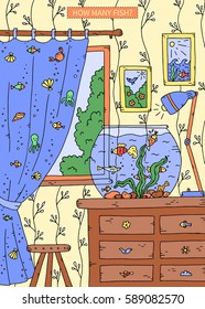 Vector illustration of counting game. Count how many fish?