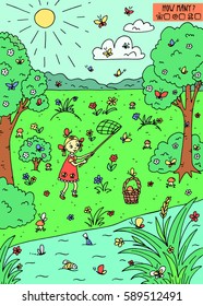 Vector illustration of counting game. Count how many butterflies, flowers and mushrooms?