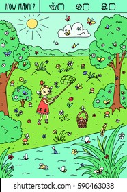 Vector illustration of counting game. Count how many butterflies, flowers and mushrooms?