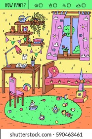 Vector illustration of counting game. Count how many suns, clouds, crowns,flowers?