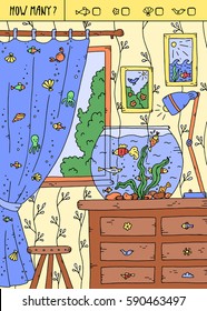 Vector illustration of counting game. Count how many fish, flowers,shells,birds?