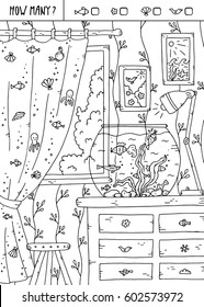 Vector illustration of counting game. Count how many fish, flowers,shells,birds?