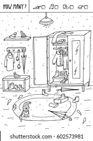 Vector illustration of counting game. Count how many boots, umbrellas, hats?