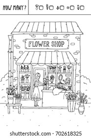 Vector illustration of counting game. Count how many flowers?
