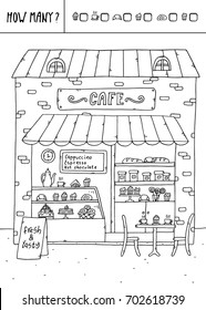 Vector illustration of counting game. Count how many cupcakes,cups,croissants,rolls?