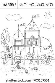 Vector illustration of counting game. Count how many cars, flowers, rainbows, rakes?