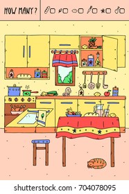 Vector illustration of counting game. Count how many loaves,leaves,lemons,carrots,flowers?