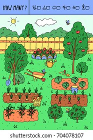 Vector illustration of counting game. Count how many butterflies, cherries, apples, currants, tomatoes, onions?