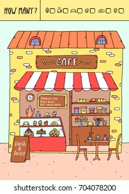 Vector illustration of counting game. Count how many cupcakes,cups,croissants,rolls?