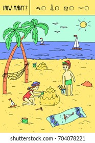 Vector illustration of counting game. Count how many fishes, ships,buckets,birds?