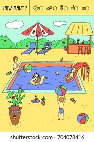 Vector illustration of counting game. Count how many balls,  swimming goggles,pineapples,glasses,flowers?