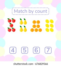vector illustration. counting game for preschool children. mathematical game. count the items in the picture and choose the right answer. rebus for children. Apples, pears, oranges, lemons.