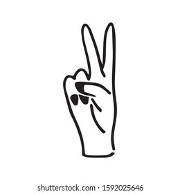 Vector illustration with counting hand isolated on white background. Gesture with fingers lifted up showing number two. Sign of peace.Doodle peace icon.